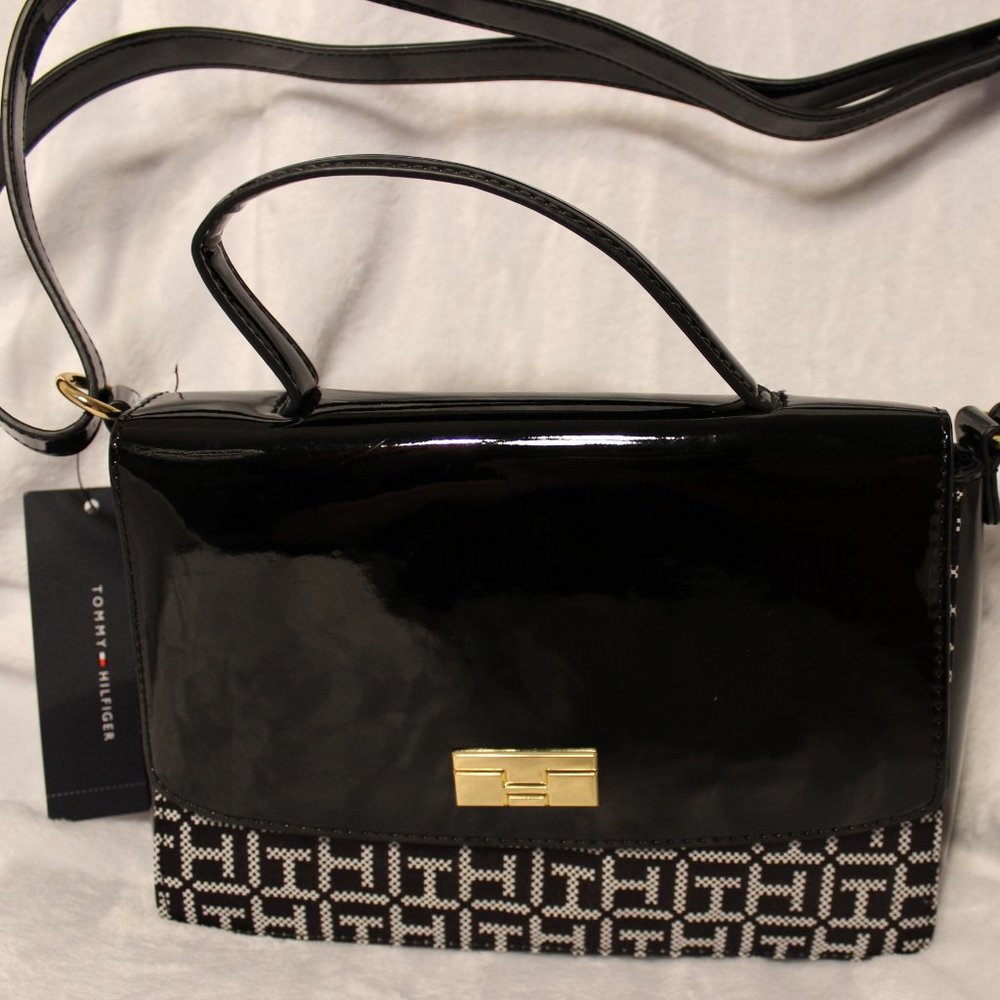 TOMMY HILFIGER NWT black satchel purse, patent faux leather top.